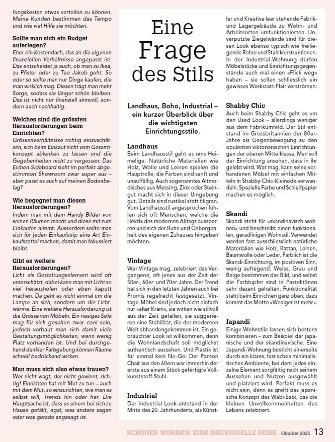 Interview mit Caroline Stupf zum Thema Wohnberatung Einrichtungsberatung im Schweizer Magazin active & live 2025 