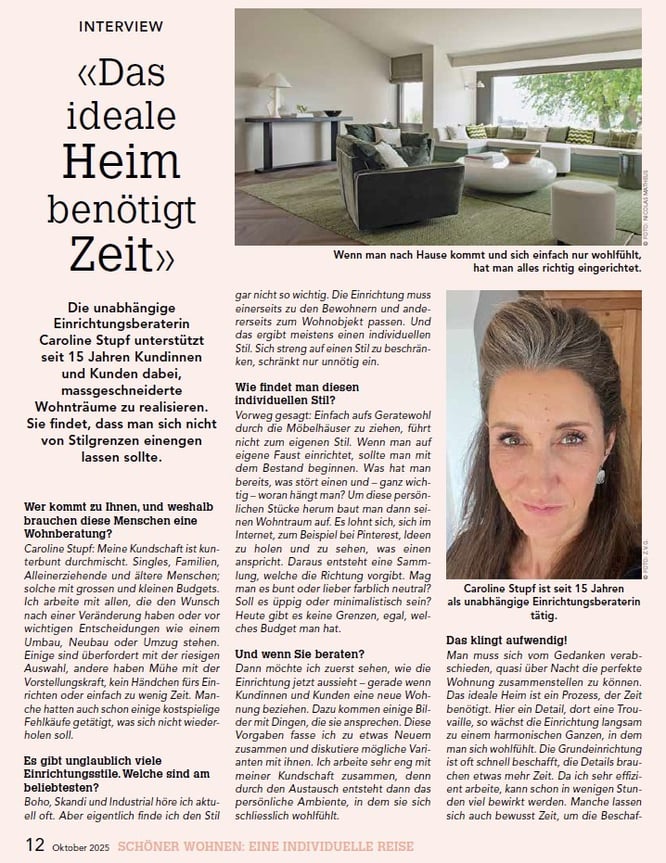 Interview mit Caroline Stupf zum Thema Wohnberatung Einrichtungsberatung im Schweizer Magazin active & live 2025 