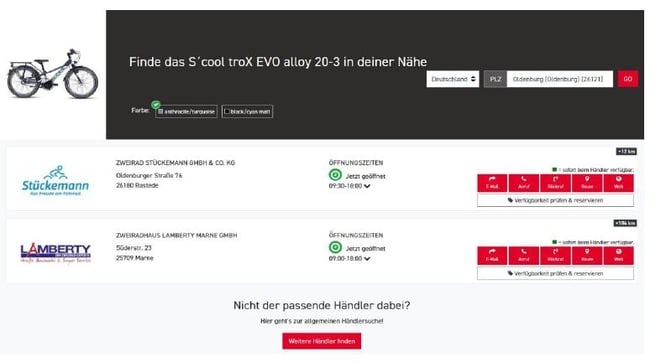 Kinderräder jetzt per Click&Collect. KundInnen können jetzt einfach die Postleitzahl eingeben und finden dann den Händler vor Ort.