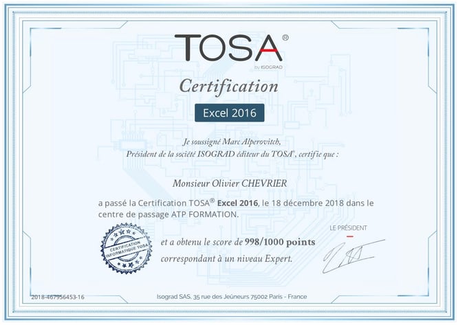 Certification TOSA EXCEL 2016