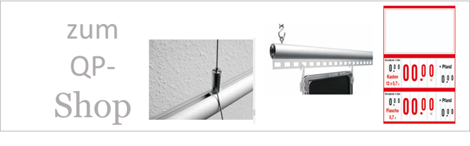 Getränkepreisauszeichnung mit dem QP-System, Getränkeschild in rot mit Preisen