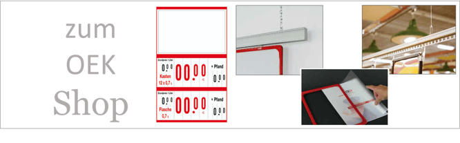 Getränkepreisauszeichnung mit dem OEK-System, Getränkeschilder rot, mit Schutzhülle, Lochleiste