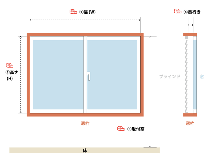 テンションタイプの採寸、注文方法。窓枠に取り付けられるタイプの測り方イメージ。