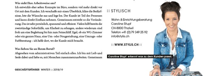 Interview im Geschäftsführer mit Caroline Stupf stylisch Wohnberatung zum Thema Wohnkultur leben Einrichtungsberatung Interior Design Innenarchitektur schöner wohnen