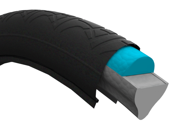 Reifeneinsätze von Air Fom bieten klare Vorteile: Sie sind leichtgewichtig und elastisch wie ein luftgefüllter Reifen, lassen sich schnell und fest auf handelsüblichen Felgen montieren, sind wartungsfrei und recyclingfähig. Bild: Air Form