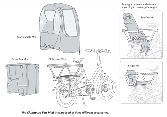 Rechts oben: Je nach Größe/Gewicht des Kindes ist ein Kindersitz oder Sitzpolster erforderlich. Unten: Das Clubhouse Fort Mini besteht aus drei Komponenten.