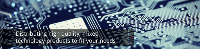 "Distributing high quality, mixed technology products to fit your needs" is written atop a picture of a silicon chip aesthetically zoomed in.