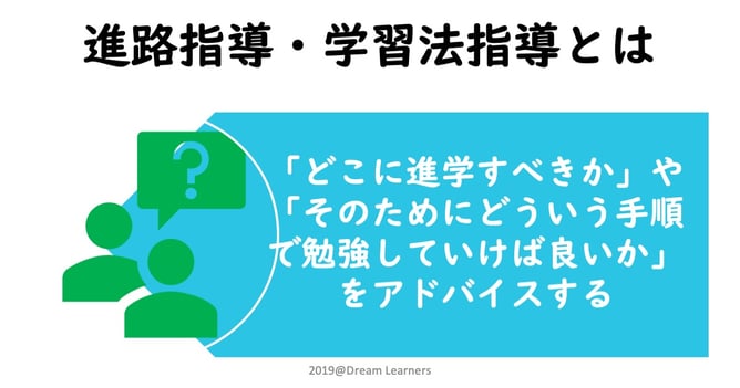 進路指導・学習法指導とは、「どこに進学すべきか」や「そのためにどういう手順で勉強していけば良いか」をアドバイスすること。