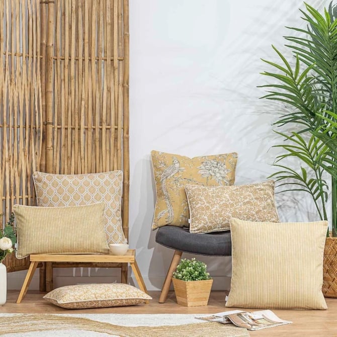 Kissen in senfgelb gemustert, Baumwolle und Leinen