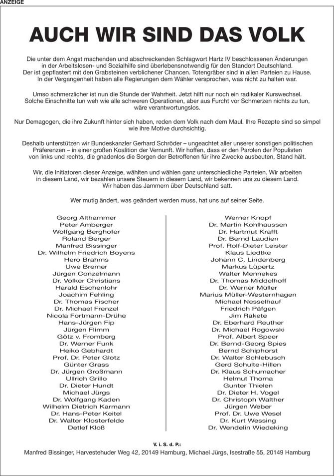 Anzeigenkampagne vom 2. Oktober 2004 in der Süddeutschen Zeitung