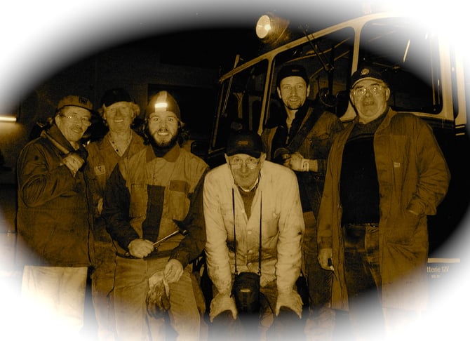 Werkstätten Team und ihr Leiter; Hr. Ing. Glettler (4.v.l.), von links: Horst Knopp, Wolfgang Müller, Joachim Lanner, Hartmut Glettler, Thomas Pusch, Ewald Mosauer