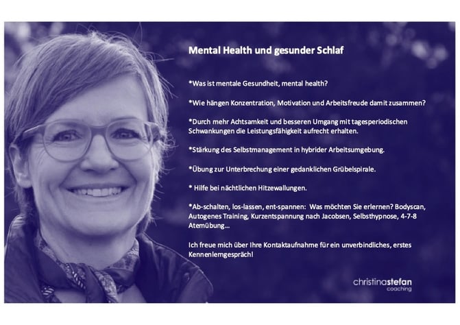 Gesicht einer weißen circa 50jährigen Frau mit Brille und kurzen blonden Haaren. Der Text handelt von Übungen und Tipps für guten Schlaf.