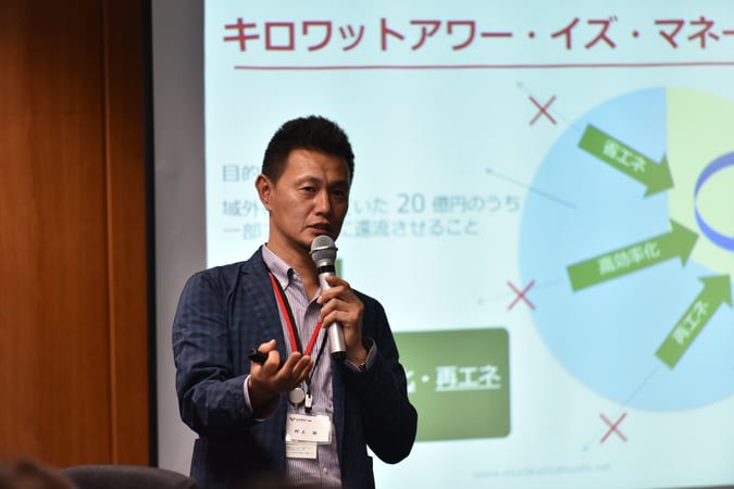 キロワットアワー・イズ・マネーのコンセプトで人口小規模自治体の域内経済の活性化対策について講演している風景