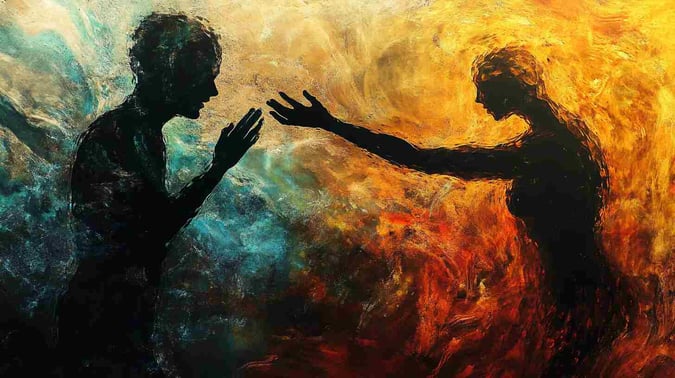 Zwei Figuren strecken sich einander zu, eine Silhouette mit ausgestreckten Armen und die zweite im Weichzeichner; ein abstrakter Hintergrund aus wirbelnden Farben, die Emotionen darstellen; warme Beleuchtung; ein surrealistischer Malstil.