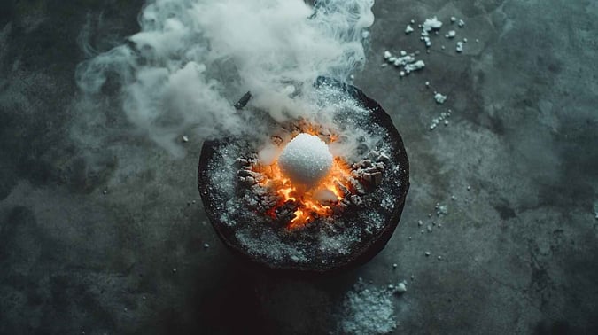 Dunkelgraue Tischplatte mit einer gusseisernen Schale in der Mitte ist eine Räucherkohle darauf eine Anhäufung von Salz, umgeben von Rauch und Flammen, Luftaufnahme, filmische, dunkle Atmosphäre