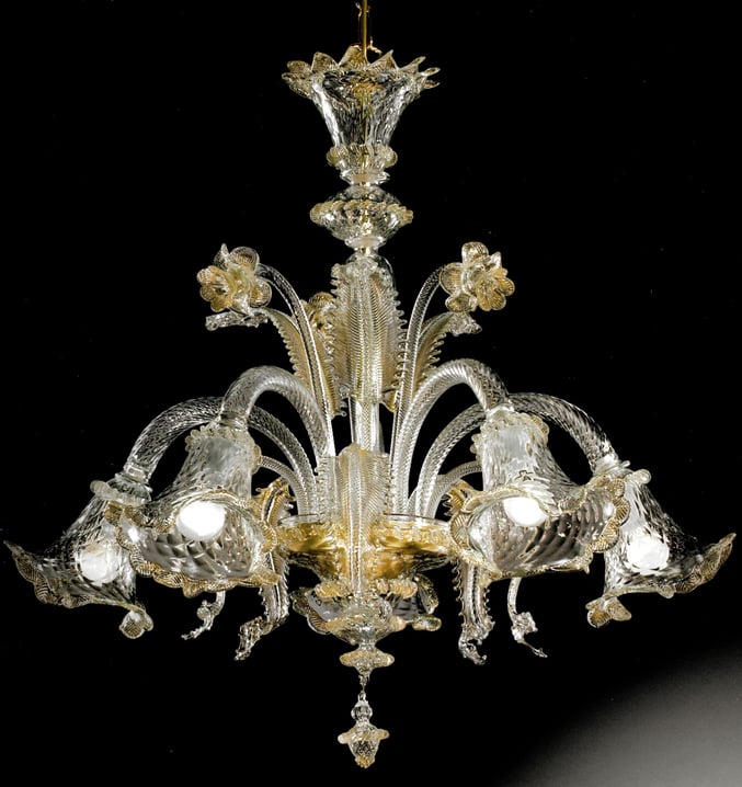 Veneziano  Originale lampadario di Murano trasparente con polvere oro 5 luci