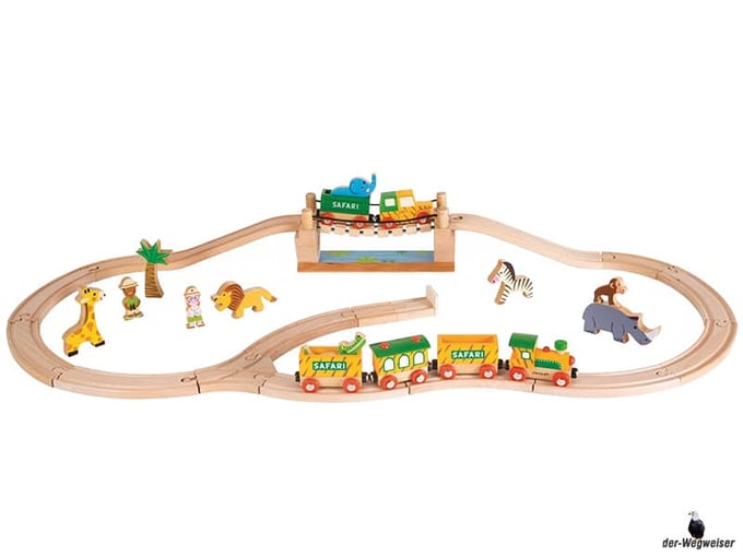 Im Paket Janod ist enthalten ein 33-teilige Eisenbahn Box mit Schienen, Zug und diverse Figuren.