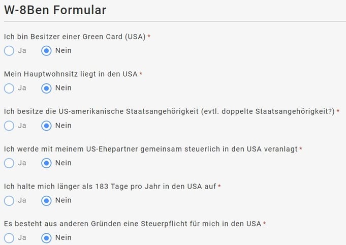 W8-Ben Formular, Depot-Eröffnung, ARMO Broker