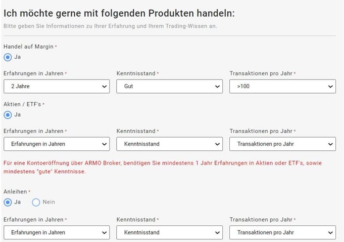 Angaben zum Vermögen und Einkommen, Depot-Eröffnung, ARMO Broker