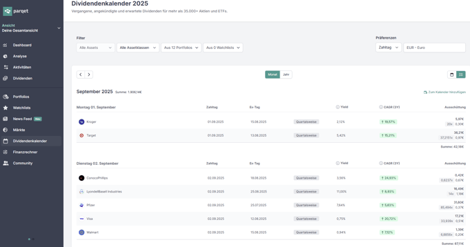Screenshot aus dem Dividenden-Kalender von Parqet, Dividenden-Daten tabellarisch