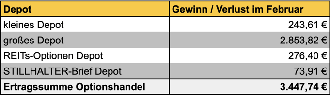 tabellarische Übersicht, Gewinne/Verluste Optionshandel Vormonat, Einnahmen, Optionsprämien aller Depots
