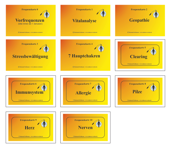 Frequenzkarten 0-10 zur Frequenzübertragung auf den Menschen.