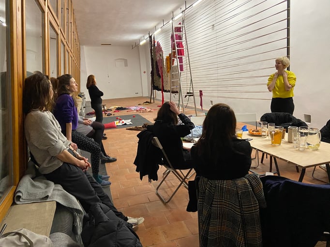 SALOON Praha at the Entrance Gallery with the curators Veronika Čechová, Tereza Jindrová, and the artist Johana Pošová. March 2020