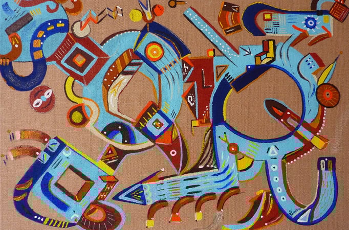 "Yolotzin en Azul" Petit cœur en bleu, en langue Nahuatl 50x70 cm, acrylique sur jute. 2016