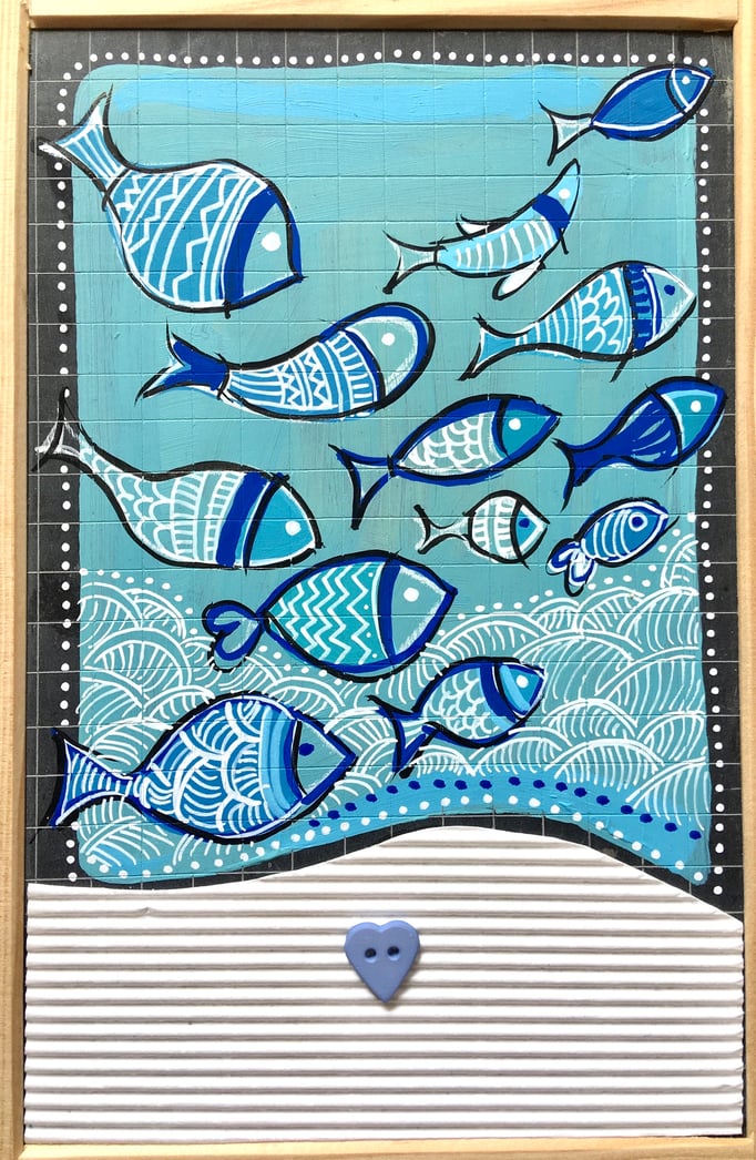 VENDU/ "POISSONS BLEUS" - Création sur ardoise / 18 cm x 26 cm 