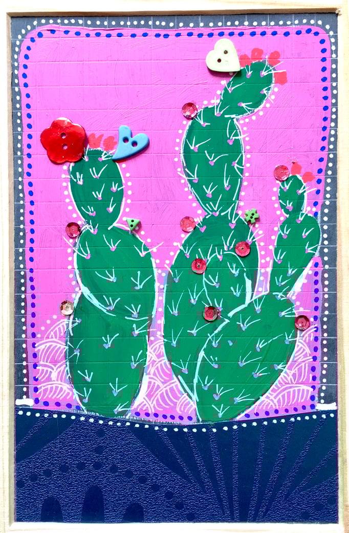 VENDU/"LES CACTUS" - Création sur ardoise / 18 cm x 26 cm / 70 €