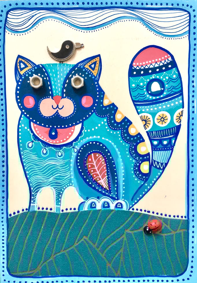 "CHAT COLORÉ" - Création sur contreplaqué / 21 cm x 30 cm / 80€