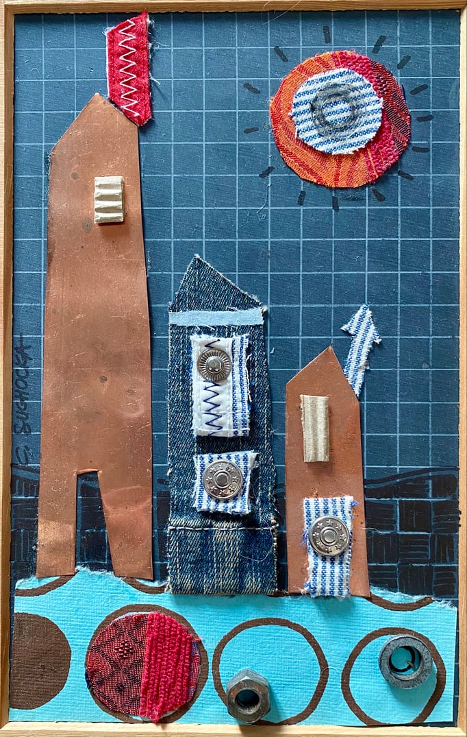 "PETITE VILLE" - Création sur ardoise / 18 cm x 26 cm / 70 €