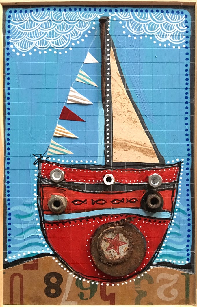 VENDU/"BATEAU ROUGE" - Création sur ardoise / 18 cm x 26 cm / 70 €