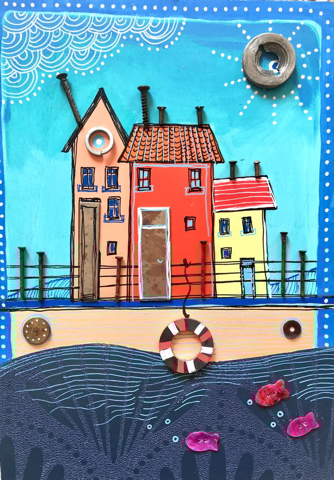 "AU BORD DE LA MER" - Création sur contreplaqué / 21 cm x 30 cm / 80€