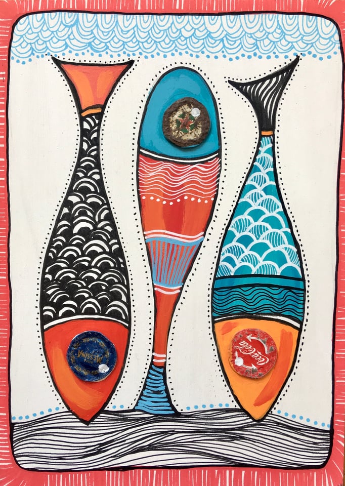 "TROIS POISSONS" - Création sur contreplaqué / 21 cm x 30 cm / 80€