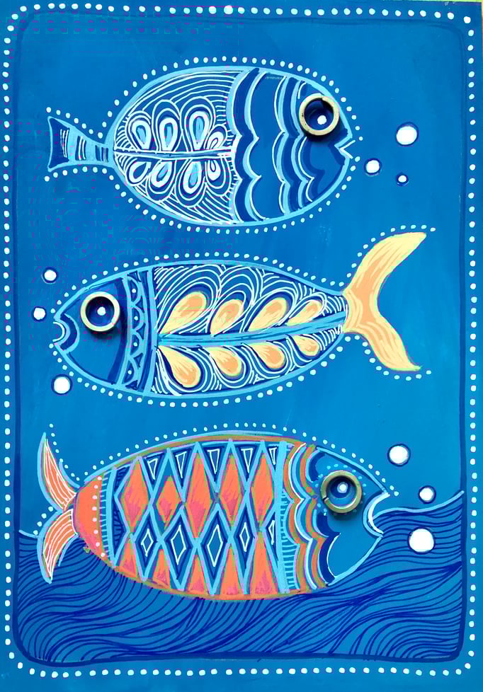 "LES POISSONS" - Création sur contreplaqué / 21 cm x 30 cm / 80€