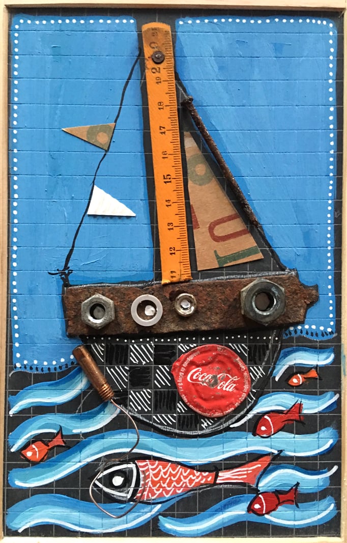 VENDU/"BATEAUX ET LES POISSONS" - Création sur ardoise / 18 cm x 26 cm / 70 €