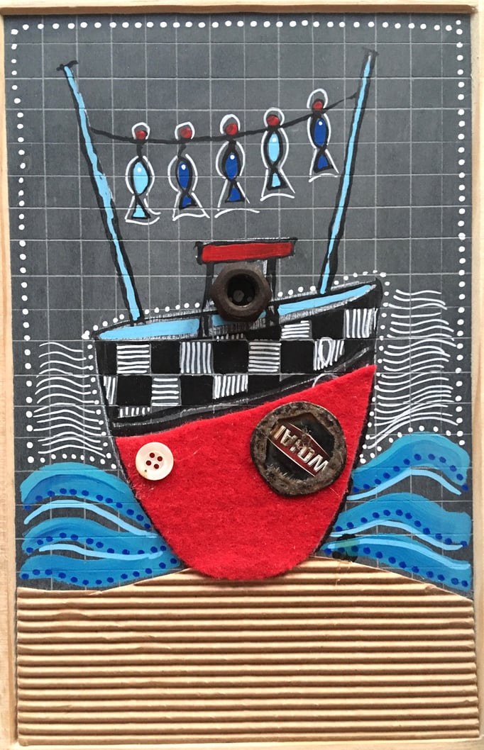 VENDU/"PETIT BATEAU" - Création sur ardoise / 18 cm x 26 cm / 70 €