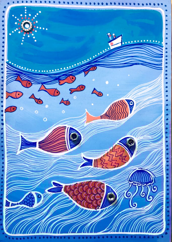 "DANS L'EAU" - Création sur contreplaqué / 21 cm x 30 cm /  80€