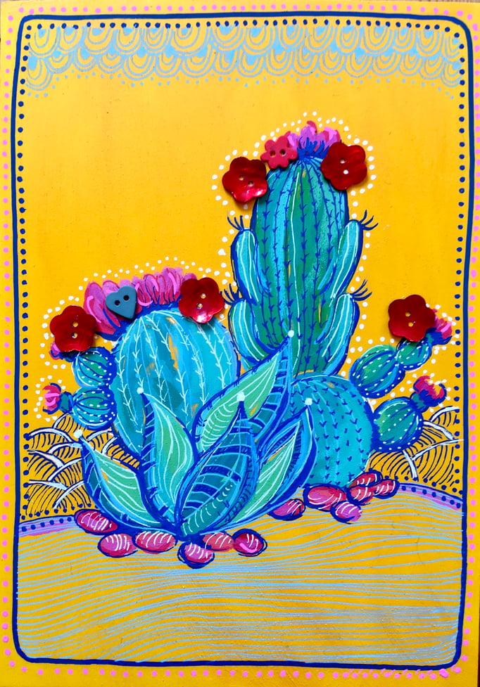 "CACTUS" - Création sur contreplaqué / 21 cm x 30 cm / 80€