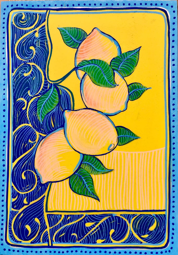 "CITRONS" - Création sur contreplaqué / 21 cm x 30 cm / 80€