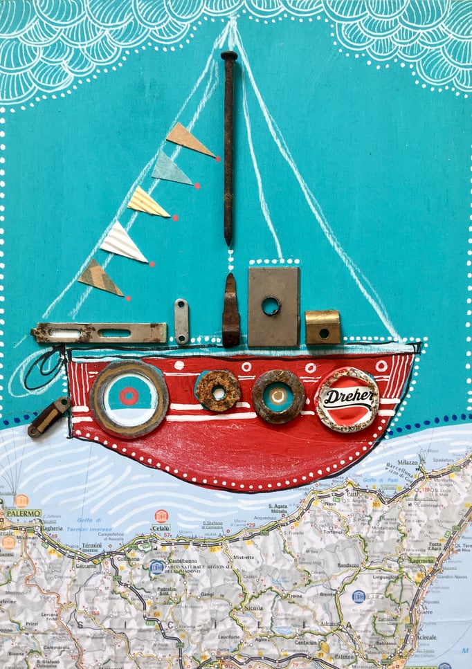 "BATEAU ROUGE" - Création sur contreplaqué / 21 cm x 30 cm / 80€