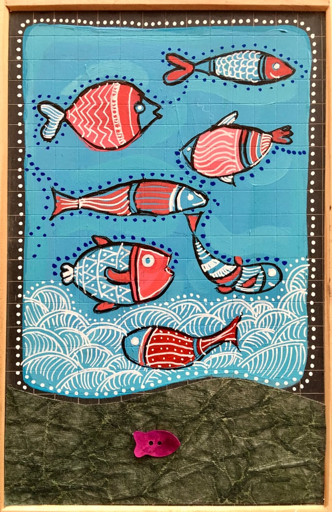 VENDU/ "DANS LA MER" - Création sur ardoise / 18 cm x 26 cm 