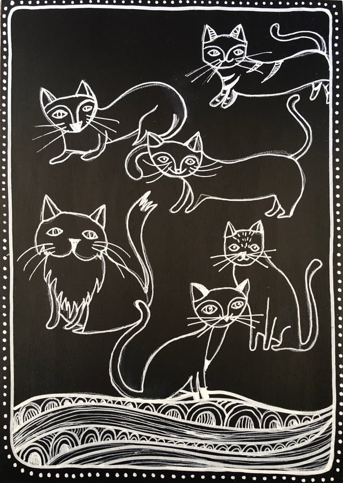 "CHATS NOIRS" - Création sur contreplaqué / 21 cm x 30 cm / 80€