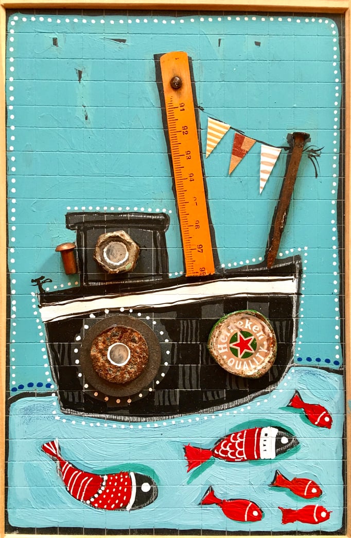 VENDU/"BATEAU" - Création sur ardoise / 18 cm x 26 cm / 70 €