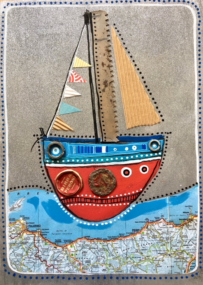 "SUR L'EAU" - Création sur contreplaqué / 21 cm x 30 cm / 80€