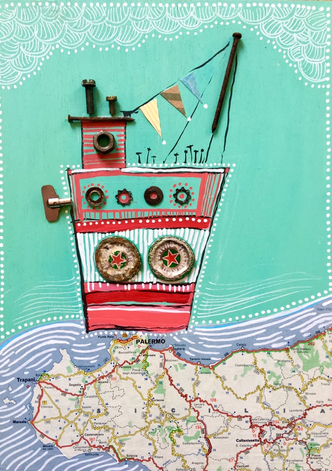 "A LA MER" - Création sur contreplaqué / 21 cm x 30 cm / 80€