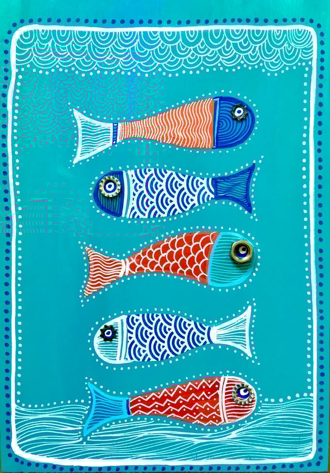 "PETITS POISSONS" - Création sur contreplaqué / 21 cm x 30 cm / 80€