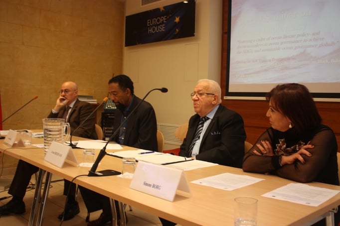 L-R: Mr John Brincat, Ambassador Anthony Hill, Dr Awni Behnam, Prof Simone Borg. Photo Credit: Florian Trinquand, Intern, IOI Malta