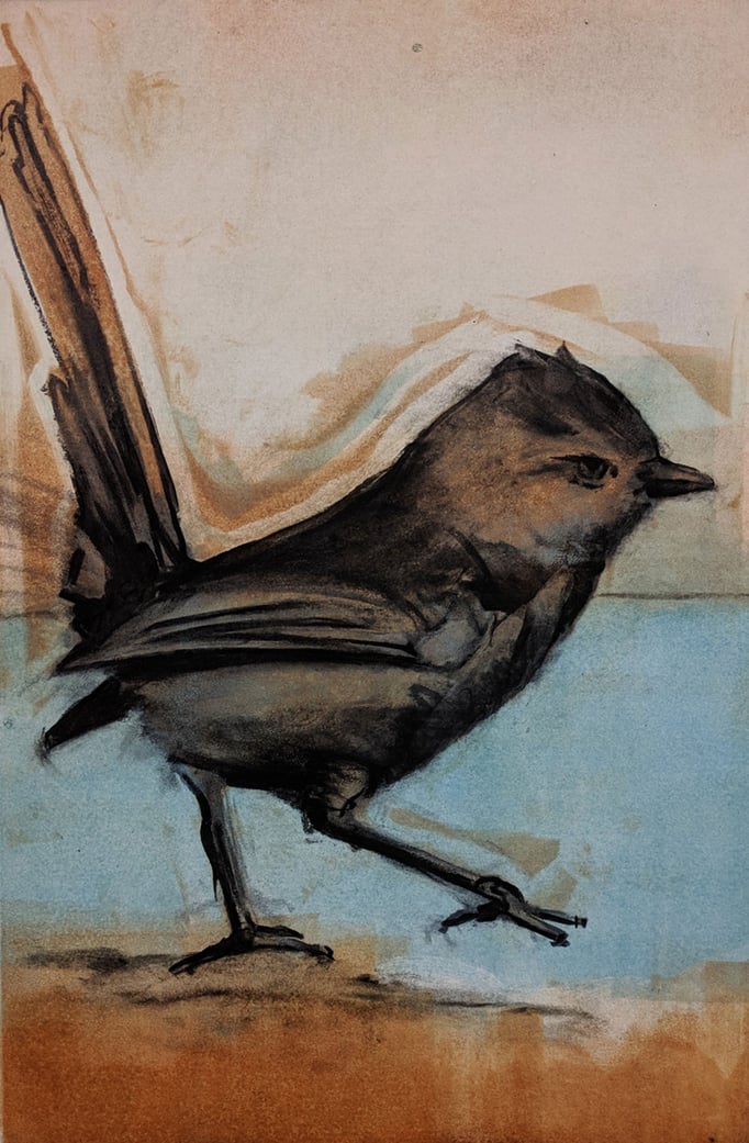 "Bird Attitude" monotype/charcoal, 24x18, 2018, $700